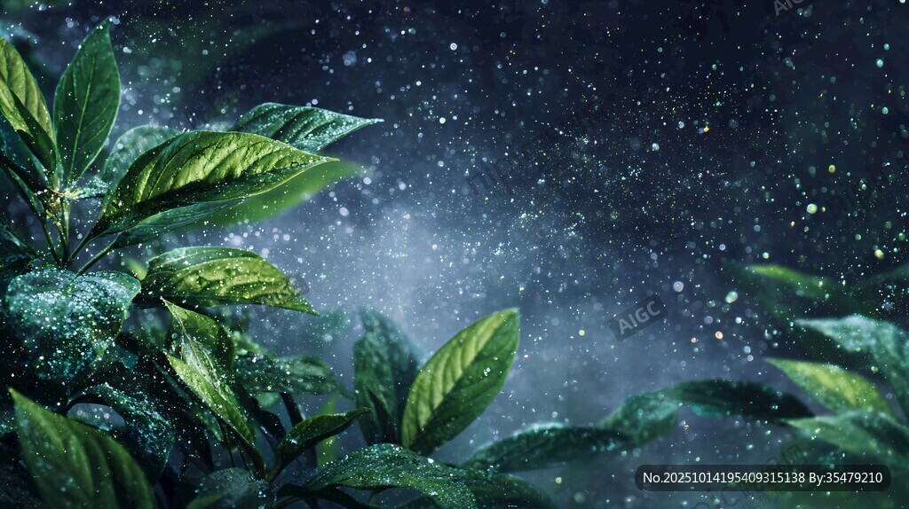 雨夜中的翠绿植物景观