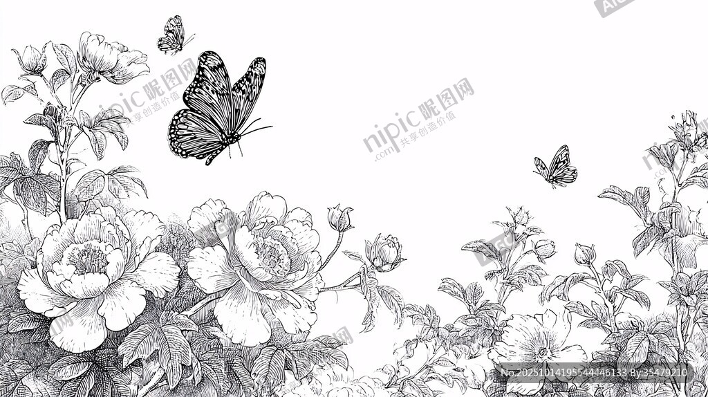 蝴蝶戏牡丹黑白插画