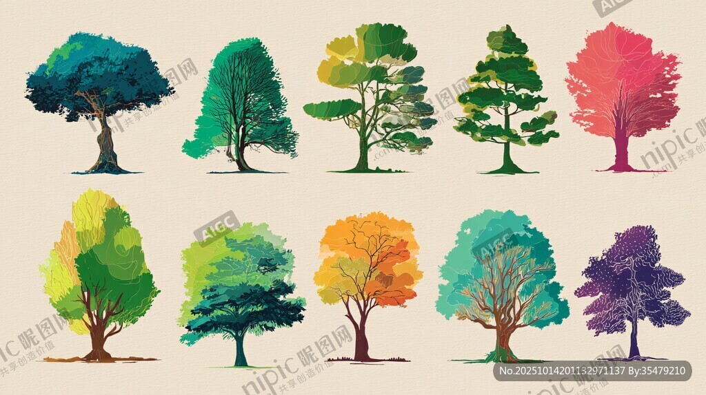 多彩树木插画集合