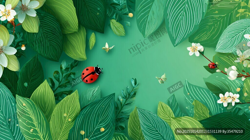 绿意盎然中的瓢虫与繁花