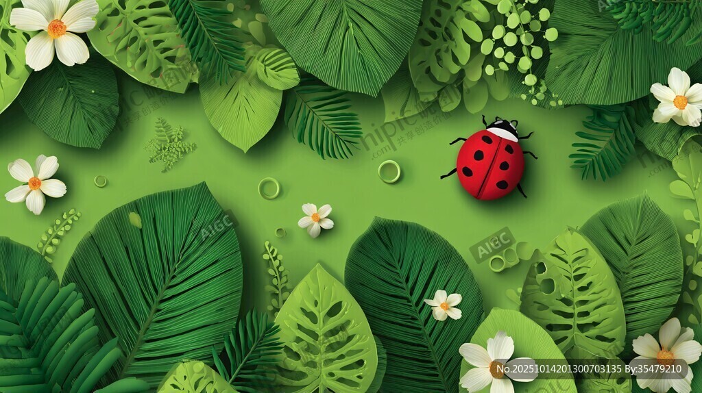 绿叶间的瓢虫与白花