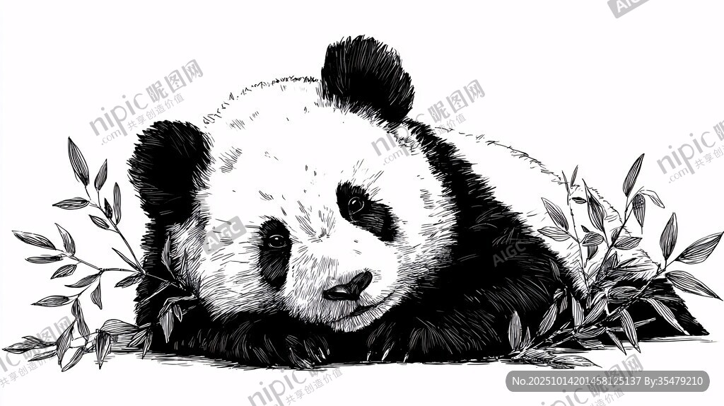 黑白熊猫卧于竹叶间