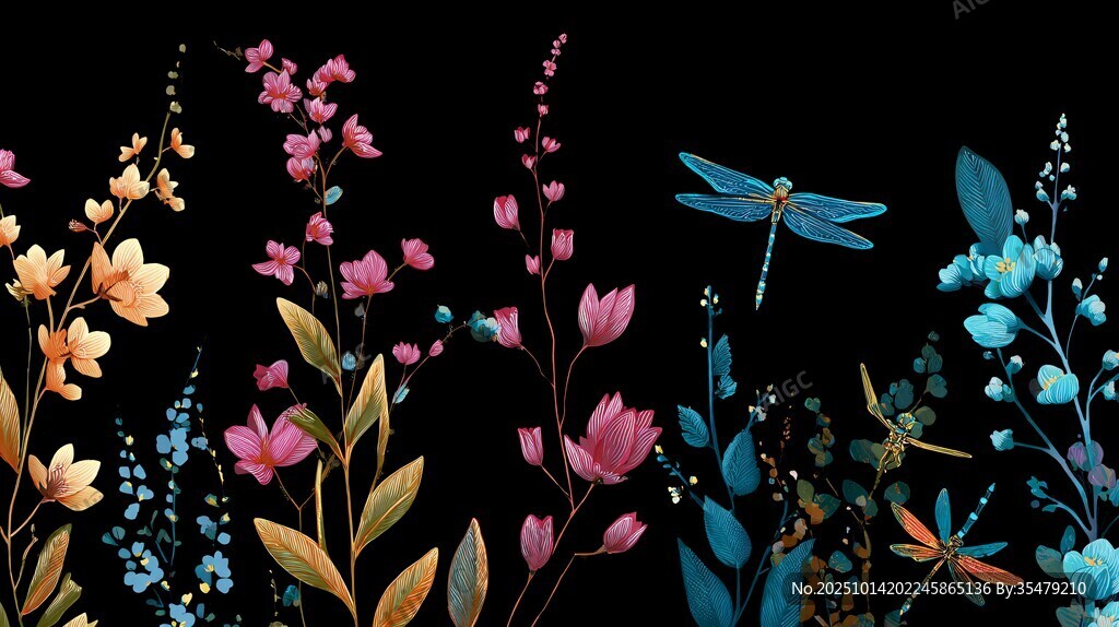 夜下花卉与蜻蜓插画