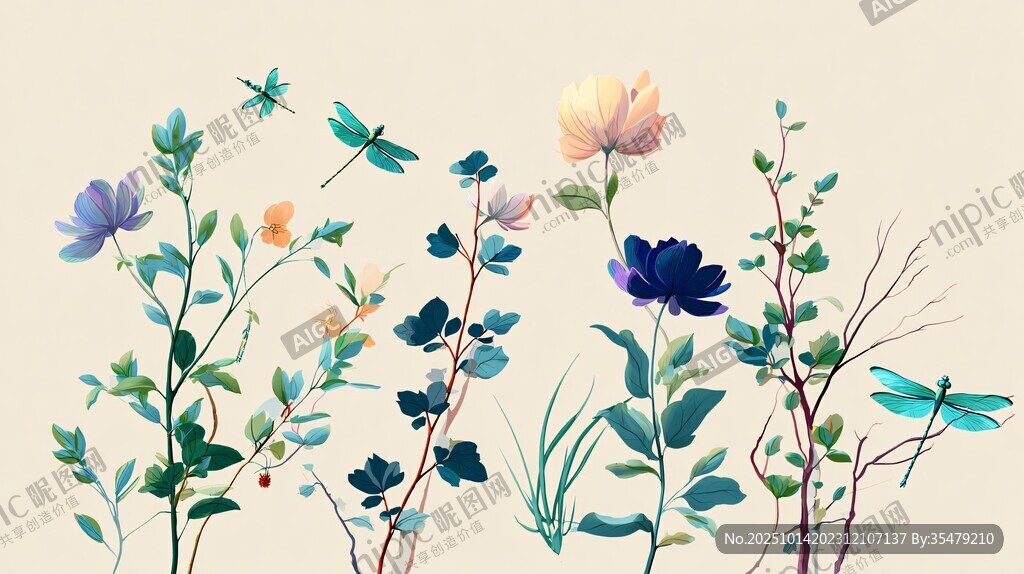 花卉与蜻蜓的清新插画