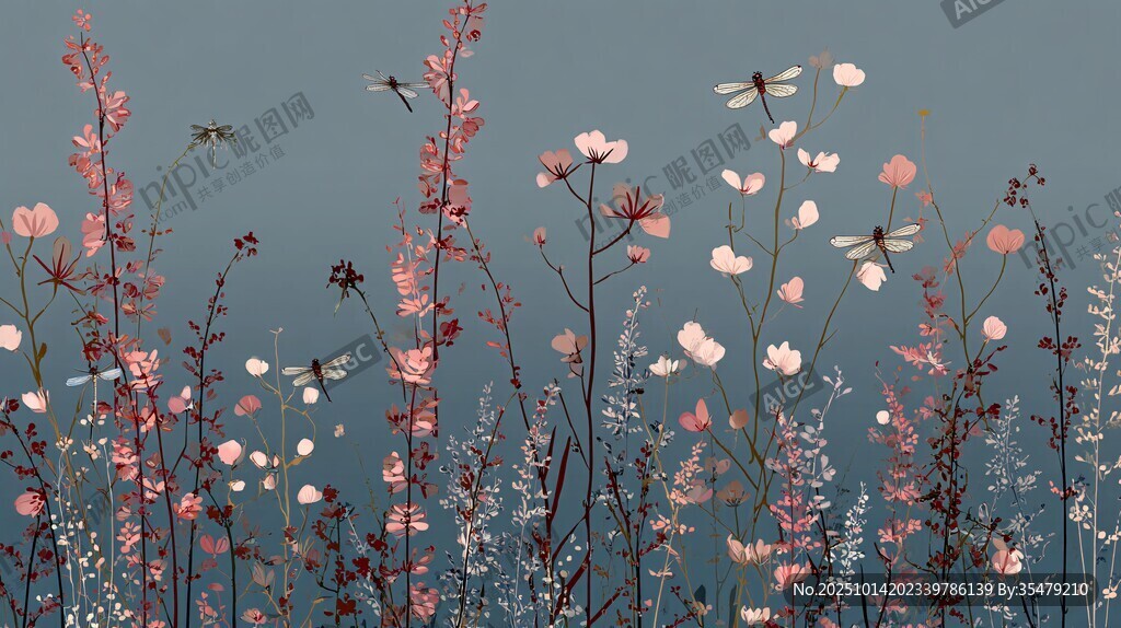 湖畔粉花摇曳蜻蜓飞舞