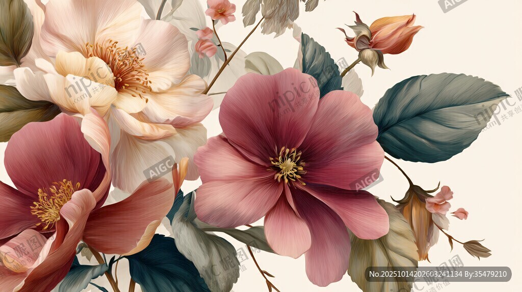 复古风花卉插画艺术作品