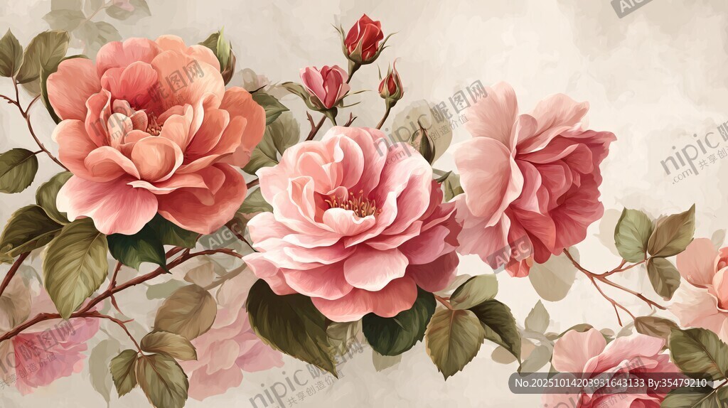 复古风粉色月季花插画