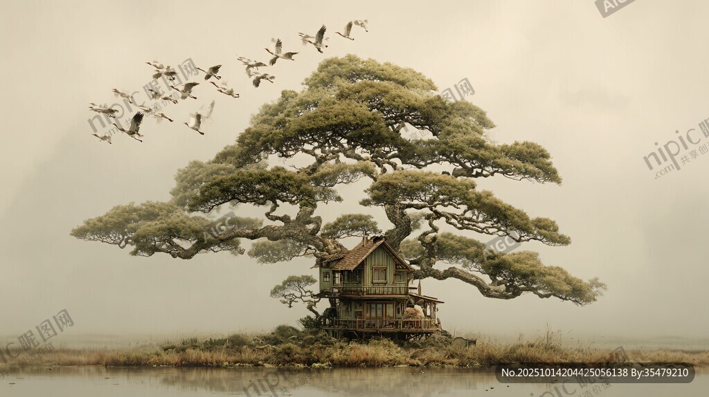 湖畔孤树中的静谧小屋