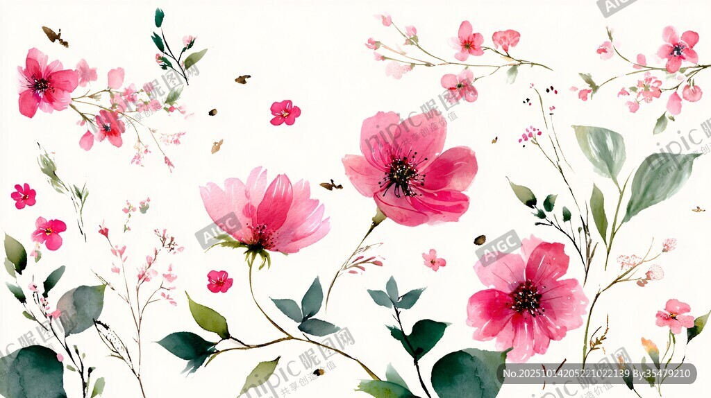 粉色花卉水彩手绘图案