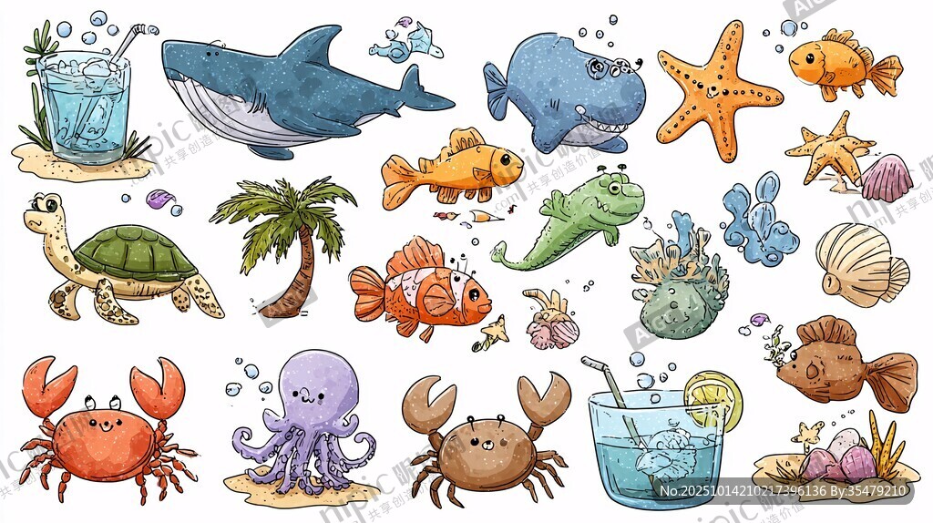 海洋生物与夏日元素插画