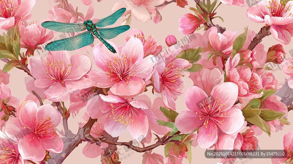 粉樱枝头蜻蜓立