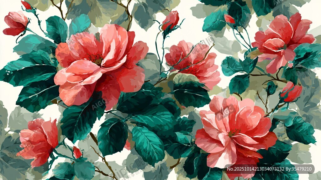 水彩绘粉色花卉绿叶图案