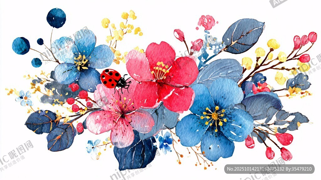 水彩花卉与瓢虫装饰画