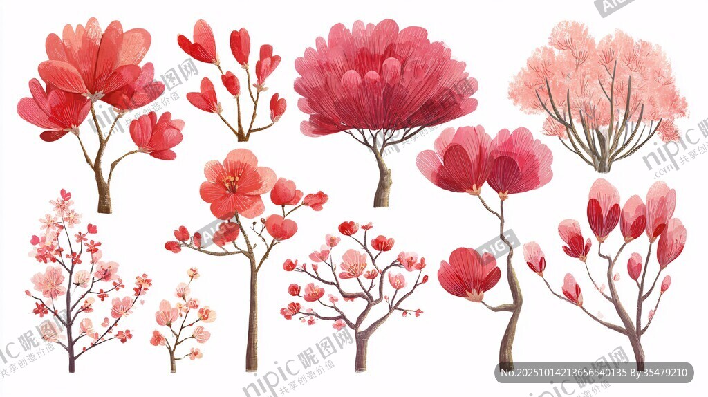 手绘多彩花卉树木插画集