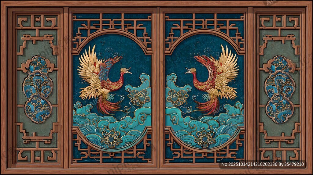 中式双凤雕花门窗图案
