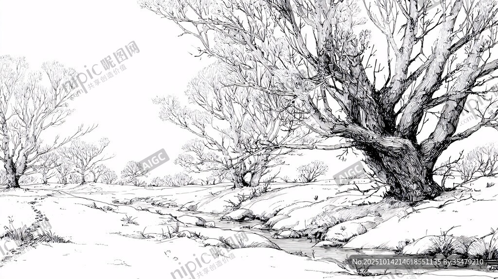 冬日旷野老树素描风景