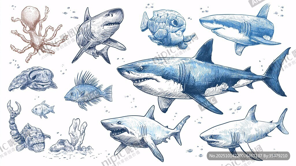 海洋生物插画 鲨鱼与伙伴