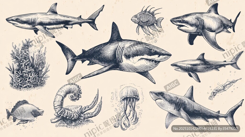 海洋生物手绘插画集合
