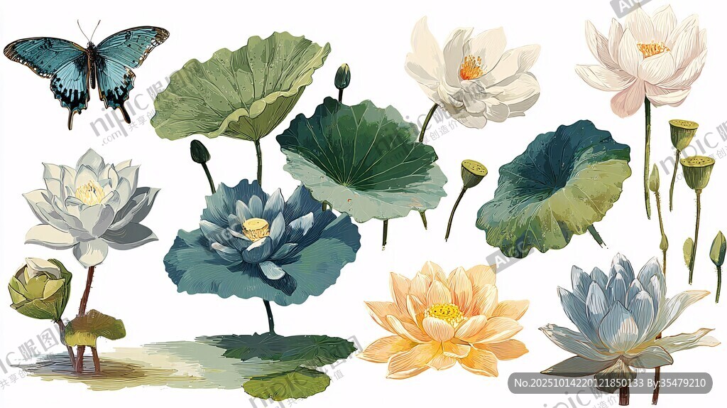 夏日荷花与蝶插画素材