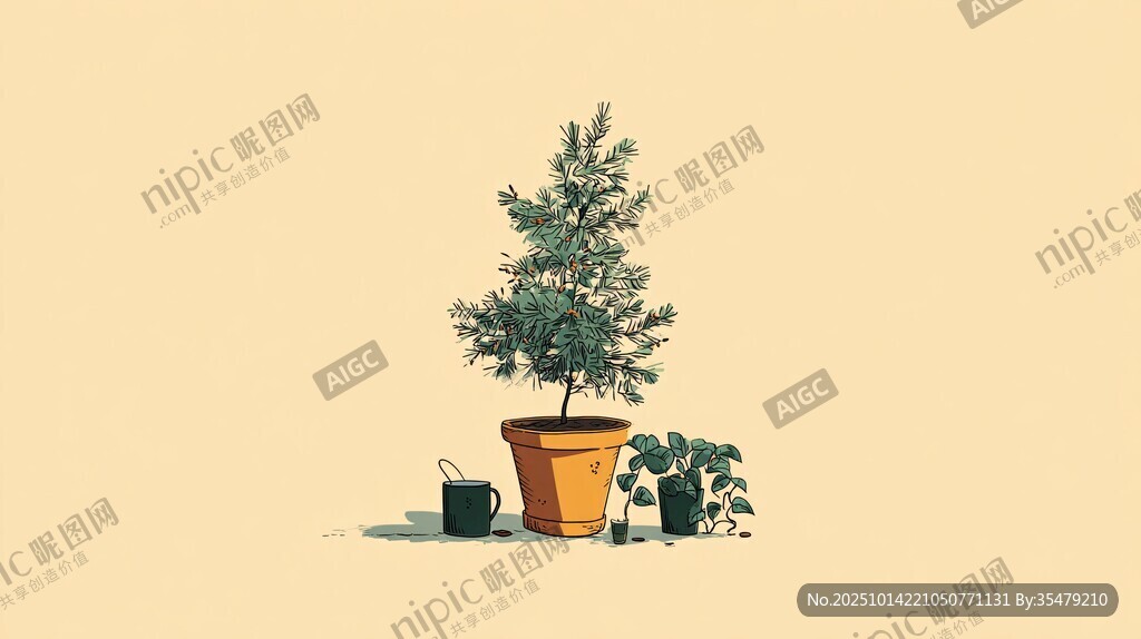 盆栽植物与园艺工具组合