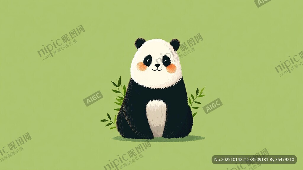 可爱熊猫坐于绿植旁