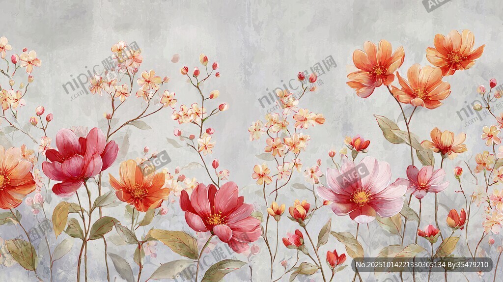 水彩花卉墙绘图案设计