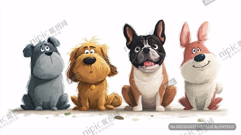 四只萌犬并排坐