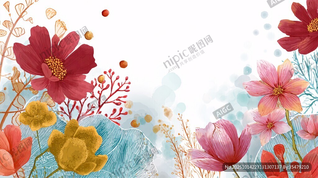 梦幻花卉边框插画背景图