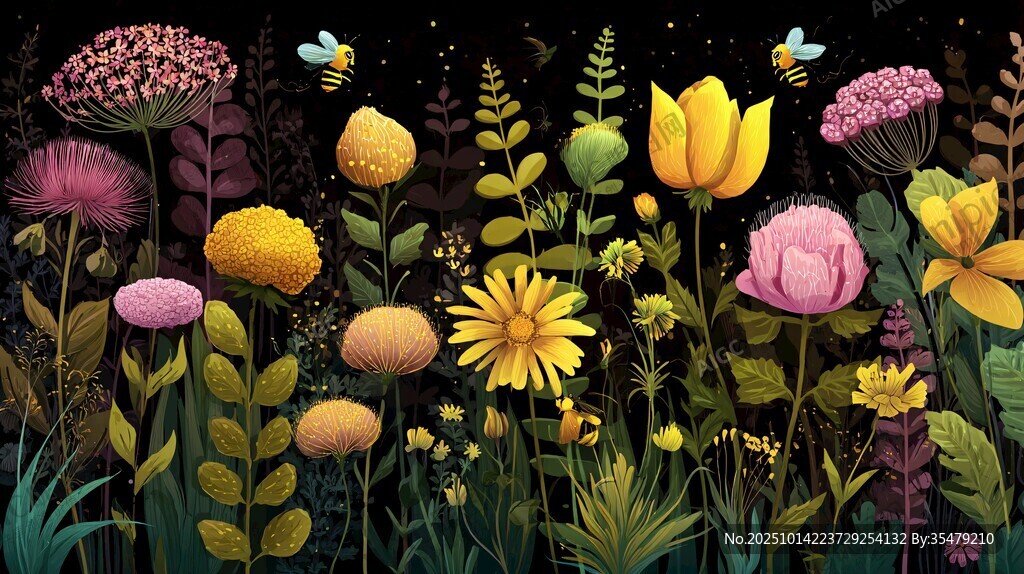 梦幻夜花园花卉插画
