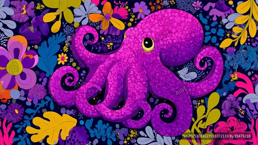 梦幻紫章鱼畅游缤纷花海