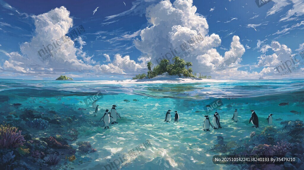 海岛浅滩处的企鹅悠然嬉戏
