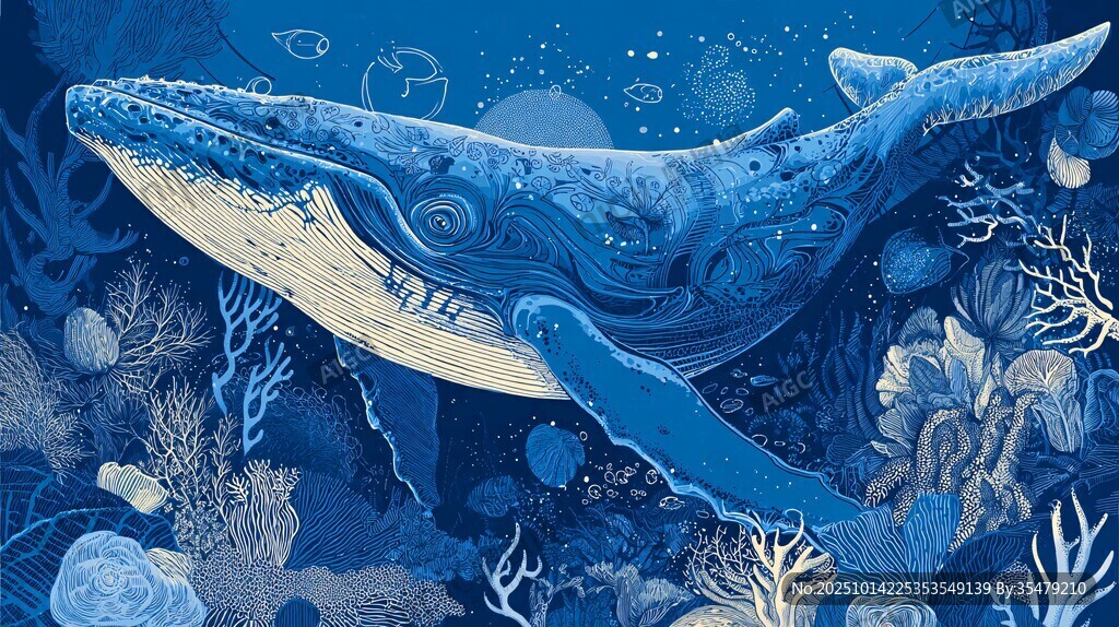 梦幻深海中的蓝鲸遨游