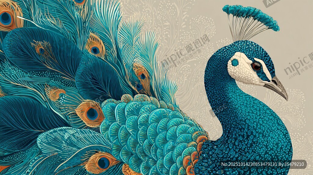 蓝绿孔雀插画 羽毛绚丽
