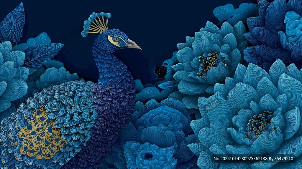 蓝孔雀与繁花的梦幻邂逅