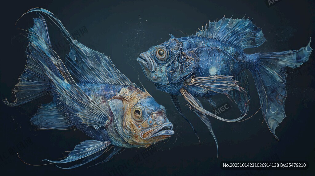 梦幻双生蓝鱼艺术画作