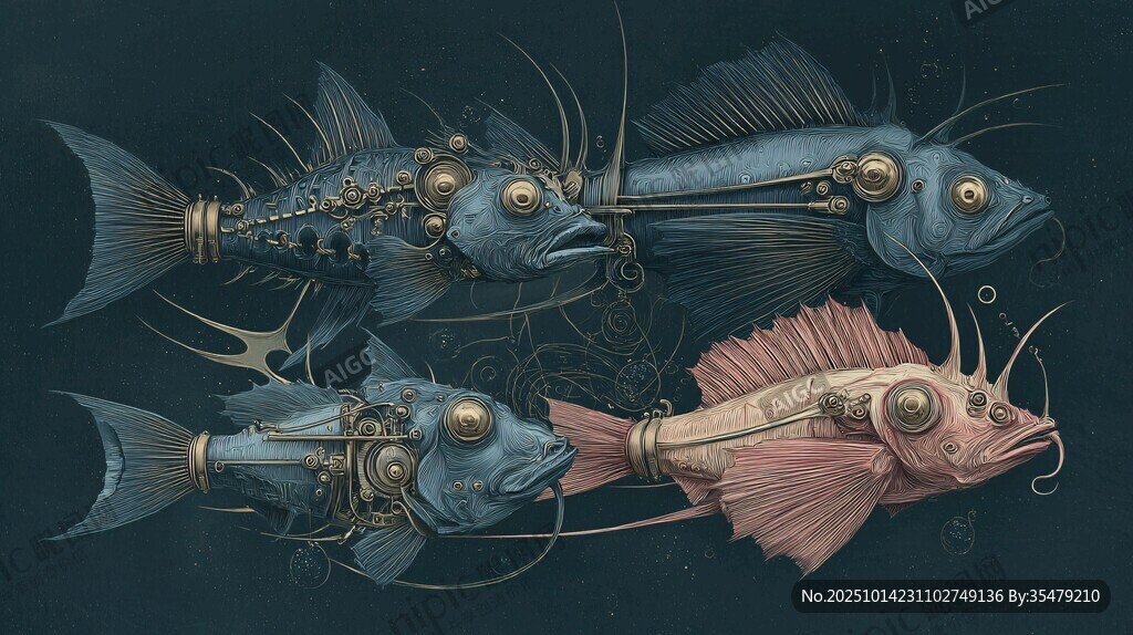 机械风奇幻鱼类插画