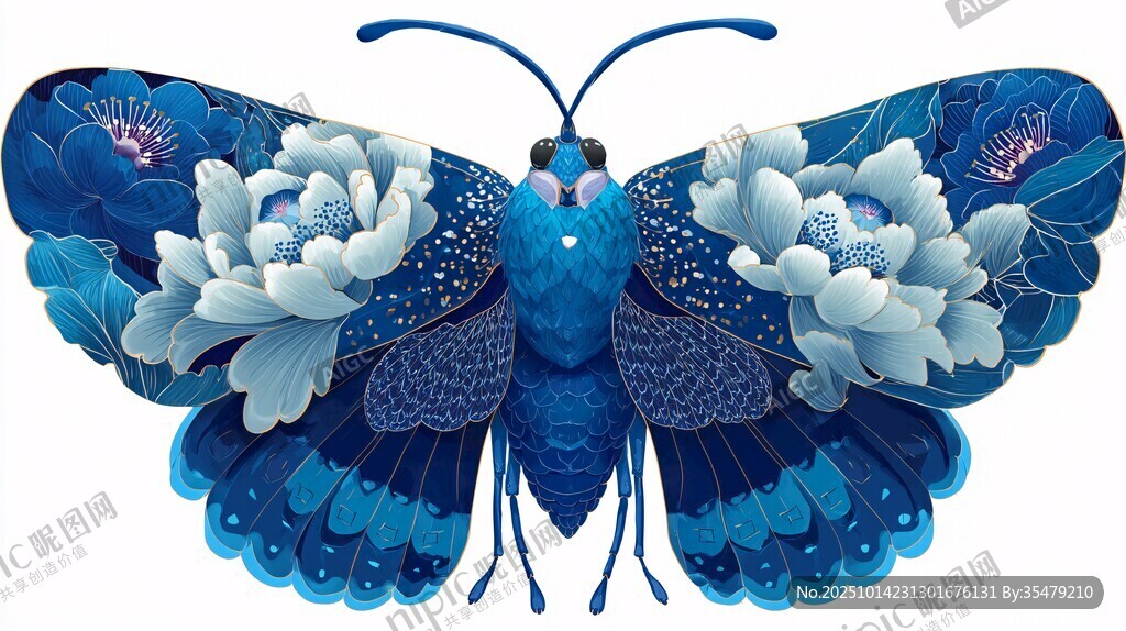 蓝色花卉蝴蝶精美插画