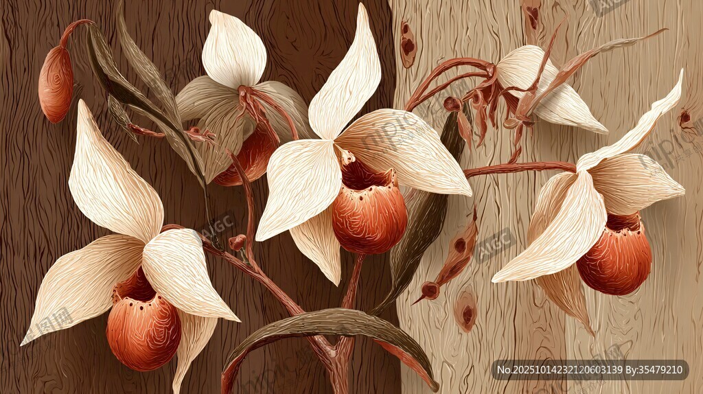 优雅杓兰绽放于古朴背景