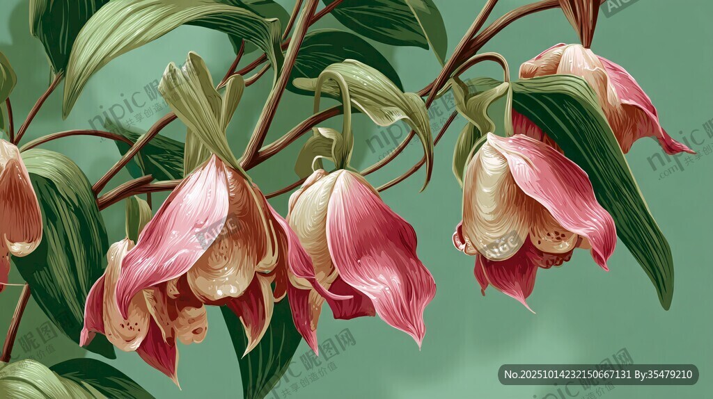 粉色铃状花与绿叶插画