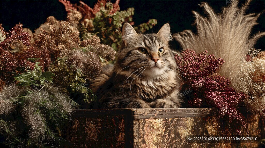 猫咪静卧于多彩植物间