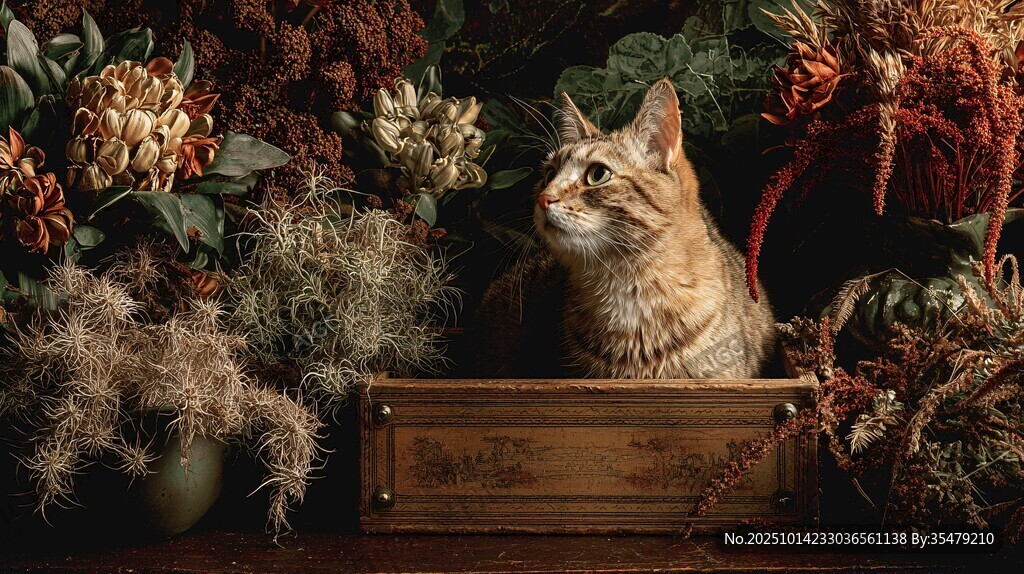 木盒猫咪置身多彩植物间