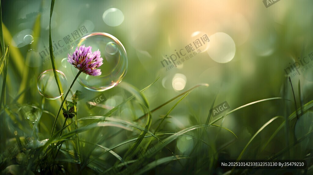 阳光下草间的梦幻紫花泡泡
