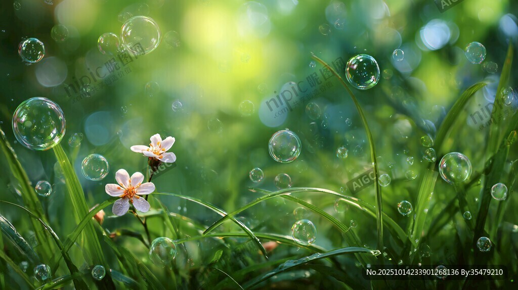 草地上的小花与梦幻泡泡