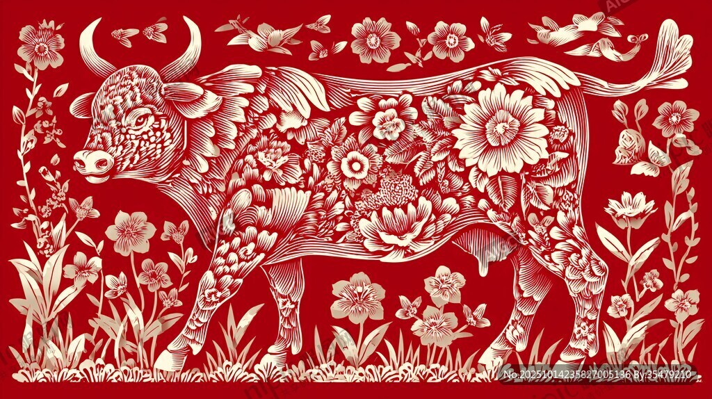 牛年剪纸风花卉牛图