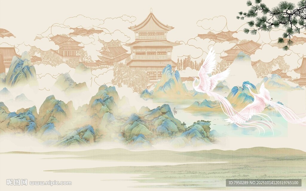 水墨山水间的古韵楼阁
