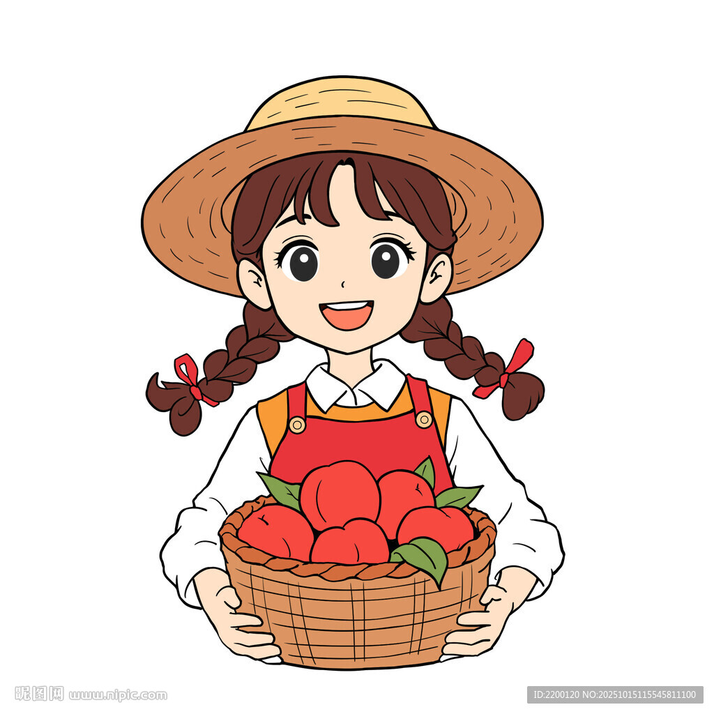 女孩捧篮丰收的桃子