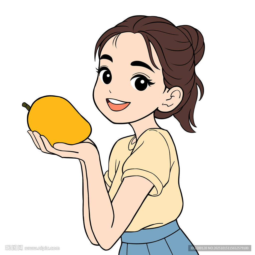 女孩手持芒果笑容甜美
