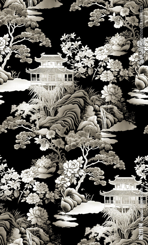 中式黑白花鸟山水图案
