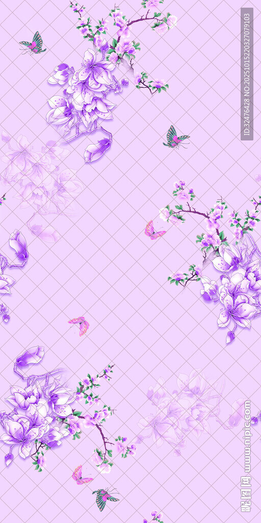 梦幻紫色花卉蝴蝶背景图