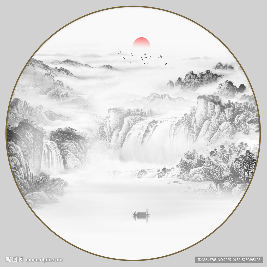圆形意境水墨山水画